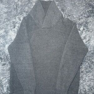 Men’s Gray Shawl Collar Ribbed Sweater Warm Winter Knit Size L